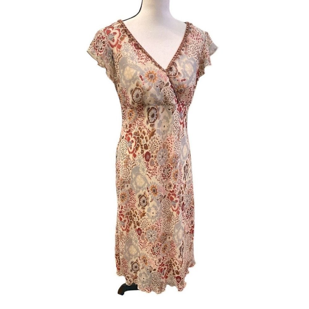 Believe Womens Chiffon Flutter Slip Dress Size 12 Lined Wood Beads Y2k Brown